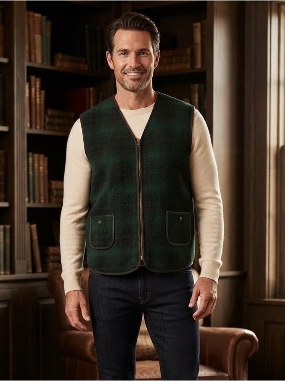 Woolrich Dark Green Plaid Zip-Front Wool Vest